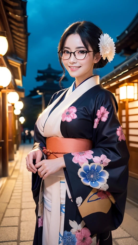 (Super beautiful woman in kimono)、((highest quality、8K masterpiece:1.3))、sharp focus:1.2、(super beautiful face:1.0)、(shiny skin:1.0)、realistic pictures、black hair、video lighting、High resolution eyes and face、video lighting、japanese actress、from the front、big breasts、with a happy smile、Slender abs beauty、whole body、wearing a kimono、in Kyoto、(((luxury obi)))、In Kyoto at night、wearing glasses with no edge、with a fan、Fireworks Display