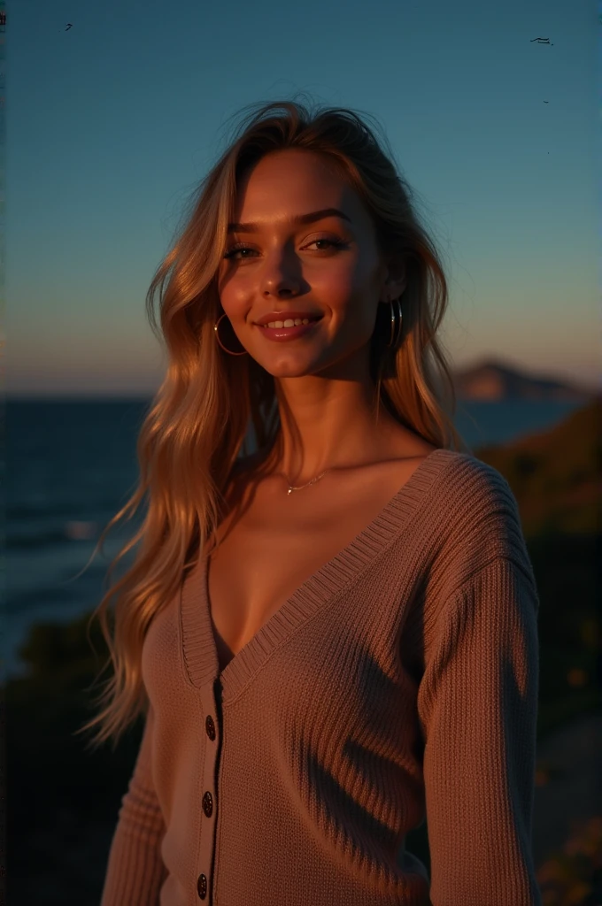style raw, Masterpiece artwork, best qualityer, ultradetailed), 28-year-old Elizabeth Olsen posing outdoors, deep V sweater, large breasted, beautiful night, cheerful and happy, clear sky, analog style, (texture skin, film grain), cinematic light, side lighting, ultra-high resolution