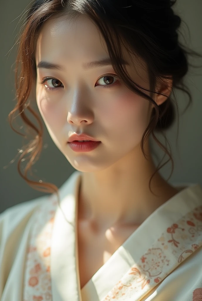 An elegantly dressed Japanese woman in natural light、A close-up of her chest and calm expression.、It shows her inner peace and outer charm.。