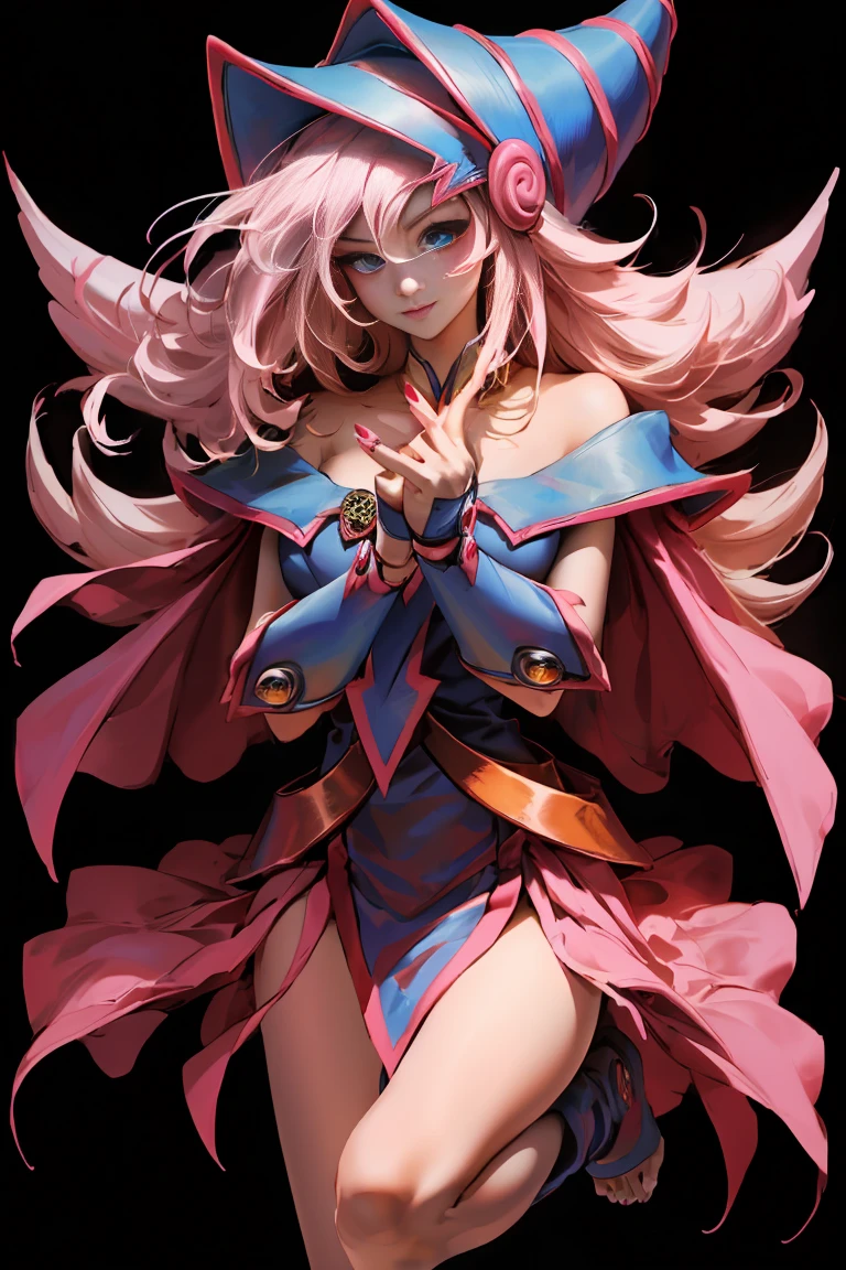 masterpiece,best quality,upper body,face,torso,detailed skin,[anime|realistic|anime],from above,looking up,angry expression,particles in air,cinematic lighting,short and (messy pink hair),(glowing pink eyes),pink eyebrows,(pink cape:1.2),medium breasts,(elbow gloves),white thighhighs,pink lipstick,(leotard),clenched fists,fighting stance,dynamic angle,small breasts,pink outfit,