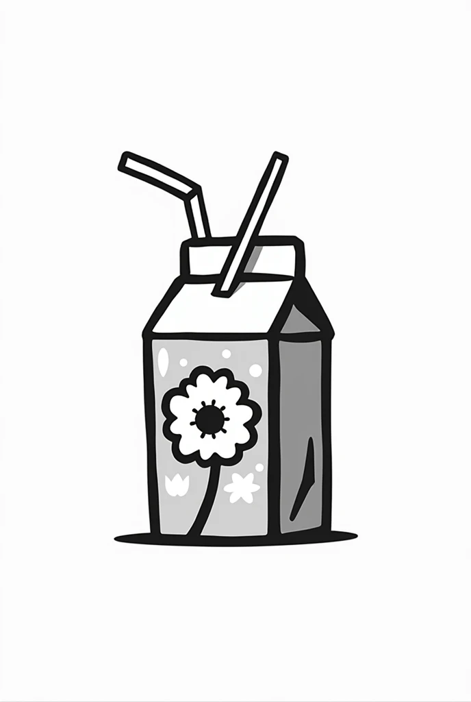 A juice box with a straw and a sticker with poppy flowers that is a black and white isotype