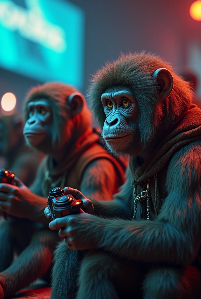 Generate an image of primates gathered together that look dressed in teenage human cosplay clothes but are playing video games please