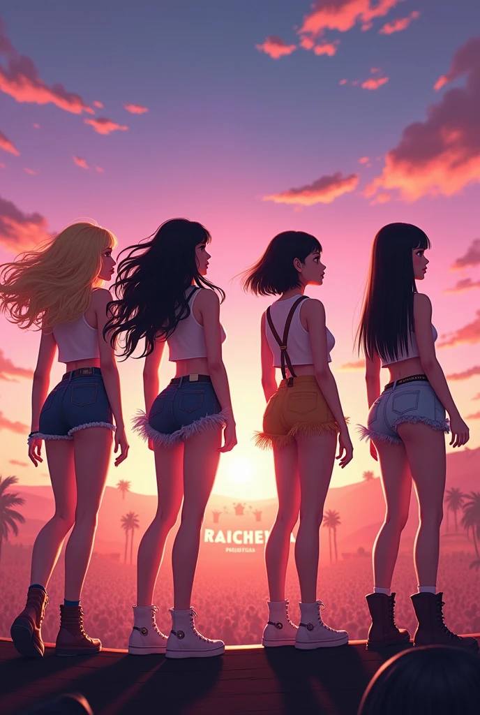 4 women, 1 of whom has long blonde hair, 1 nya rambutnya lumayan panjang berwarna hitam, 1 black hair short hair, 1 more Korean girl with black hair, they are on stage, mereka di undang ke Coachella
