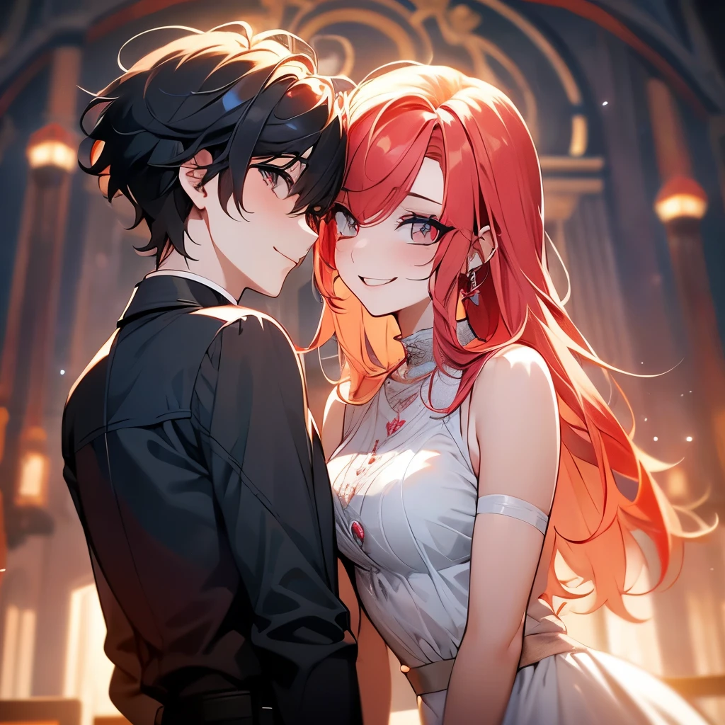 A duo consisting of a boy with red hair and red eyes and a beautiful girl with cyan hair and white eyes are smiling and making love to each other
