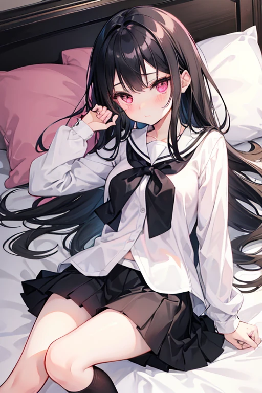 Cute girl with long dark black hair, pink eyes is wearing a short skirt, black socks and a white school type blouse is lying on the bed blushing