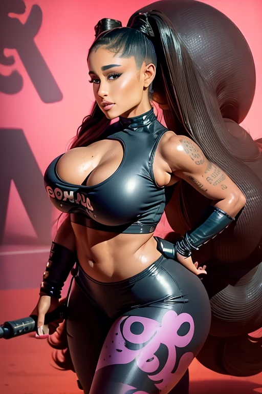 ariana grande, ponytail hair, Ablaze huge tits, boba, legging rosa, realisitic, 8k, real scale, Ablaze, sexly, wet look, ((Enormously huge boba boobs)), gigant ass