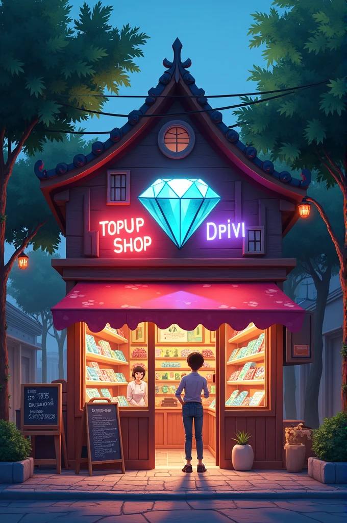 Just a diamond shop. There are two beautiful trees on both sides of the shop. The signboard in front of the shop reads (X TOPUP SHOP) and below it (ALL TIME ACTIVE)
A boy inside the shop will sell diamonds.
A man will come to buy diamonds. And a man is buying diamonds. Inside the shop there will be many diamonds and some red green blue lights.