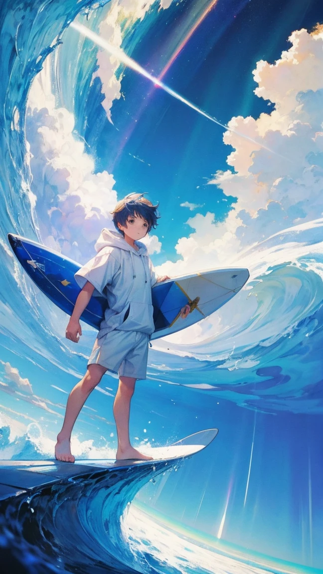 A young boy wearing a white hoodie, surfing on clouds, aurora trails, blue skies, windy, lens flare