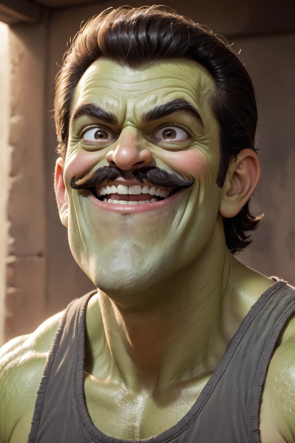 a cartoon picture of a man with a mustache, inspired by Adam Dario Keel, reddit, mingei, an orc smiling into the camera, low quality footage, vhs screencap, ( ( extreme detail ) ), meme, sheen, full body shot close up, boomhauer, thicc, tf 2, full body close-up shot, heavy outlines, face shown