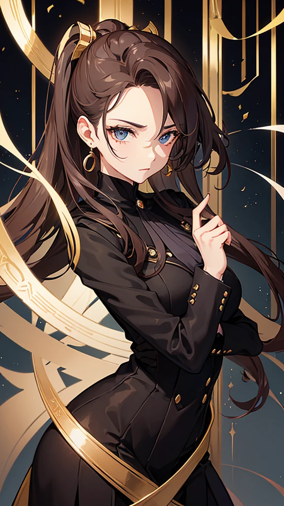 A woman in a dark brown elegant suit pointing at black, A futuristic aesthetic that is tied to the elegance of Parisian jackets and elegance, a case that covers your face with gold and black touches