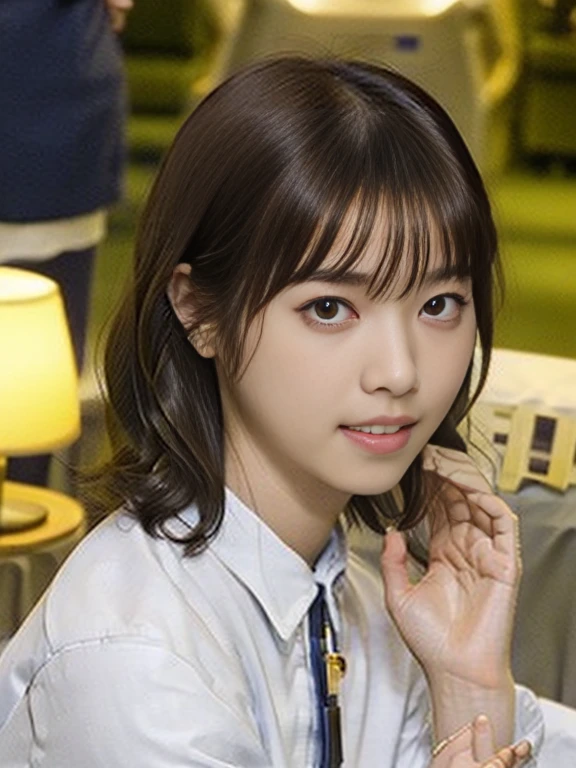 (Masterpiece, Best quality:1.2), (Ultra realistic, Photo-realistic:1.2), (From above, looking up:1.2), (kneeling:1.2), Natural light, 25 years old actress, Japanese women, Neat and clean, (cabincrew uniform:1.1), (unbutton:1.2), (Short wavy hair:1.2), Light brown hair color, (Beautiful Face), Oval face, clear, (Beautiful eyes, Kind eyes), (Clear skin), Small face, (Small mouth, Beautiful mouth), Natural makeup, Approachable, (Luxury hotel Suite room, On bed:1.2), Seductive smile, (Seductive pose:1.2), Beautiful thighs, Bedroom eyes,
