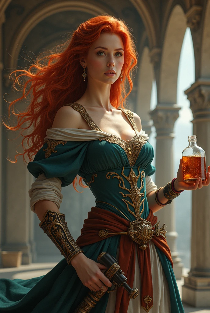 Draw a redheaded woman for a character in d&d being an artificer holding a plasma cannon in one hand and in the other a portion. The clothes are from the classical era and the design is romantic. 
