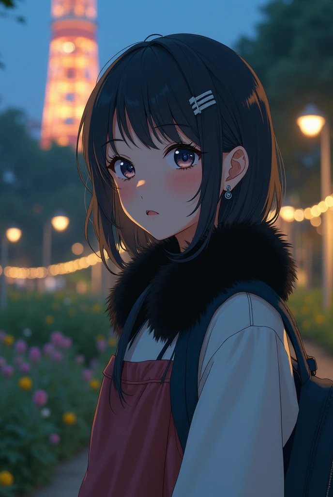 8k,Japan語,10 years,innocent face,adolescent,Beautiful,private primary school、Japanのリアルな小学生、Japan、such、shinjuku、Girl next to the tower at night.、Toyoko Niños、innocent face、young face、baby face:0.4、chubby face、、innocent look、adolescents、Beautiful、baby face 、、black fur、random hairstyle、summer clothes,casual clothes,ridiculous pose、black fur,garden,Hair clip,thighs