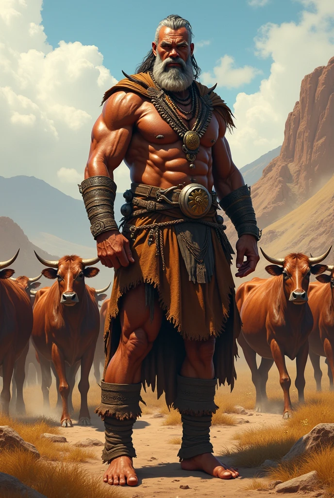 Realistic image A muscular leader of a nomadic people who raises cattle as if he were a demigod warrior with his people behind him