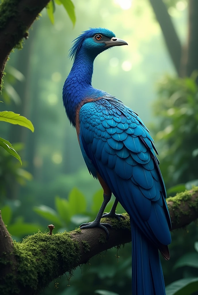 A bird with long blue feathers