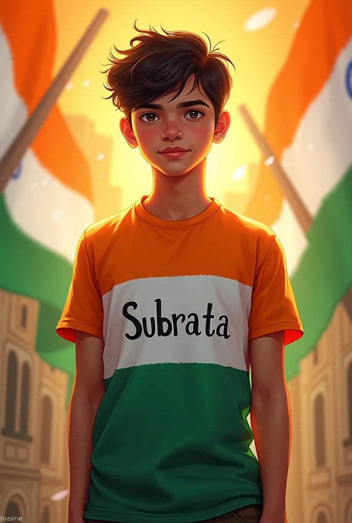 A beautiful boy wear a tiranga colour shirt 15 august back ground is tiranga colour and his shirt written name subrata