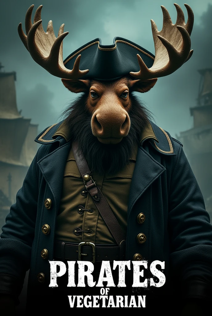 Create a cinematic poster featuring photorealistic portrait of Dressed animals - a ((fat)) moose pirate, , wearing  pirate costume and  pirate hat , with a serious, intense expression, He should be slightly off-center in the composition, The background should be dark and gritty, pirate's ship with smoky or grunge textures, Use a color scheme of black, deep blues, and dark greens, with subtle silver or gold accents to capture the show's mood, At the bottom of the poster, place the text "PIRATES OF VEGETARIAN" in large, bold, distressed letters, in a sans-serif font. The text should have a cinematic style, with slight shadow or glow effects to make it stand out against the background.