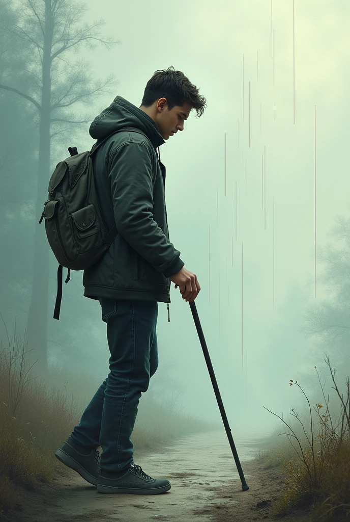 book cover: A young man with low vision and a cane Title: Invisible trajectories