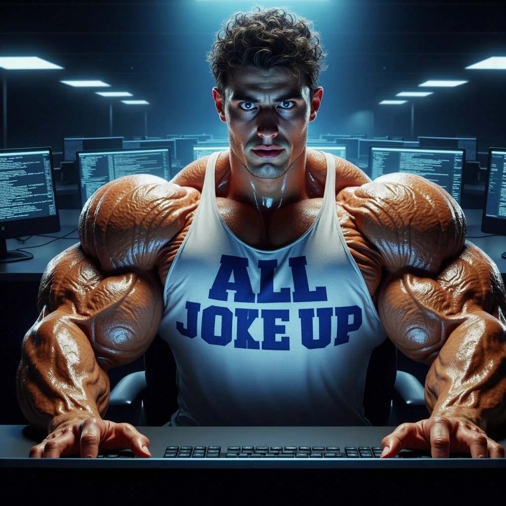 Big muscles. Sweating. Male college student wearing a shirt that says ALL JOCKED UP sits in front of a monitor in a dark computer lab at night. Staring vapidly with a blank expression at the glowing screen with his mouth hanging open under deep hypnosis. Repeating mantras to meet their goal to be big dumb muscular sweaty bodybuilder bros. Big biceps. Big triceps. Big traps. Broad shoulders. Broad chests. IQ drain. Digital painting. "Stare ... listen ... blank ... obey.... Bigger... Dumber.... Bigger and bigger. Dumber and dumber.... Just a big ... dumb ... jock. Huhuh.... Uhhhhhh.... How's it hangin', bro? Yes, Coach.... Watch the spiral... FLEX... Think too much.... Jocks don't think.... It's good to be a JOCK.... Good not to think.... I will not think.... I obey.... Stare. Obey. FLEX. Don't think. Just be a meatheaded dumb jock. Huhuh.... Brooooo...." in a deep voice. Photo manipulation.