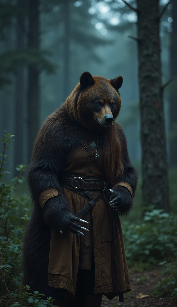 A female in her 20's, brown hair, strong fighting a bear in the woods at night, in a camp, while wearing medieval clothes