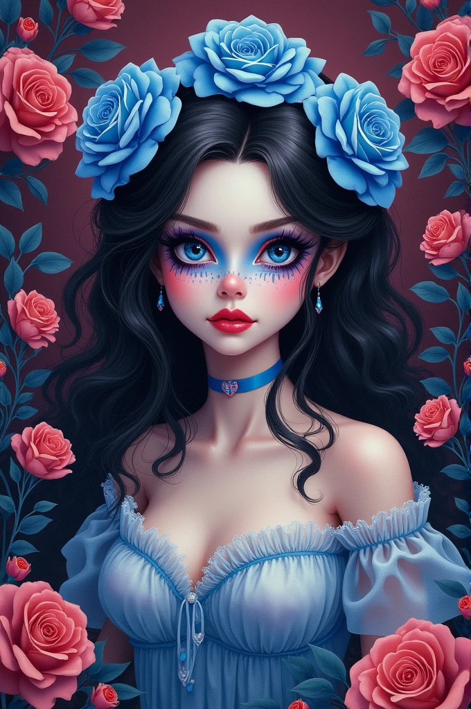 Doll with catrina makeup and a blue rose headband, purple and red 2d drawing pastel color illustration. With a background of burgundy and blue purple roses