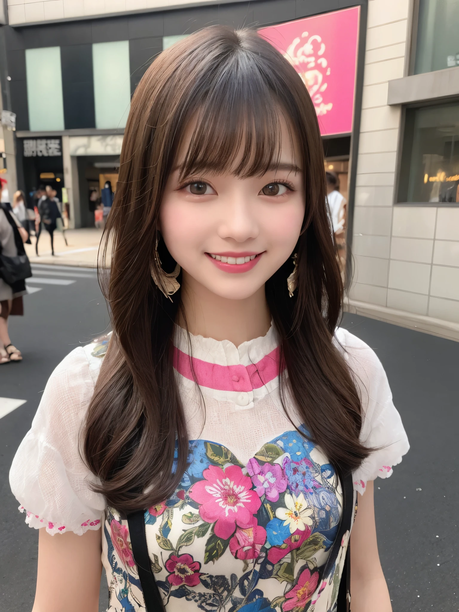 1girl, 18 years old, cute and beautiful, solo, highres, best_quality, masterpiece, detailed_background, intricate_details, beautiful, tokyo, harajuku, colorful_clothes, pop_fashion, trendy_clothes, smile, looking_at_viewer, dynamic_pose, natural_pose, candid, happy