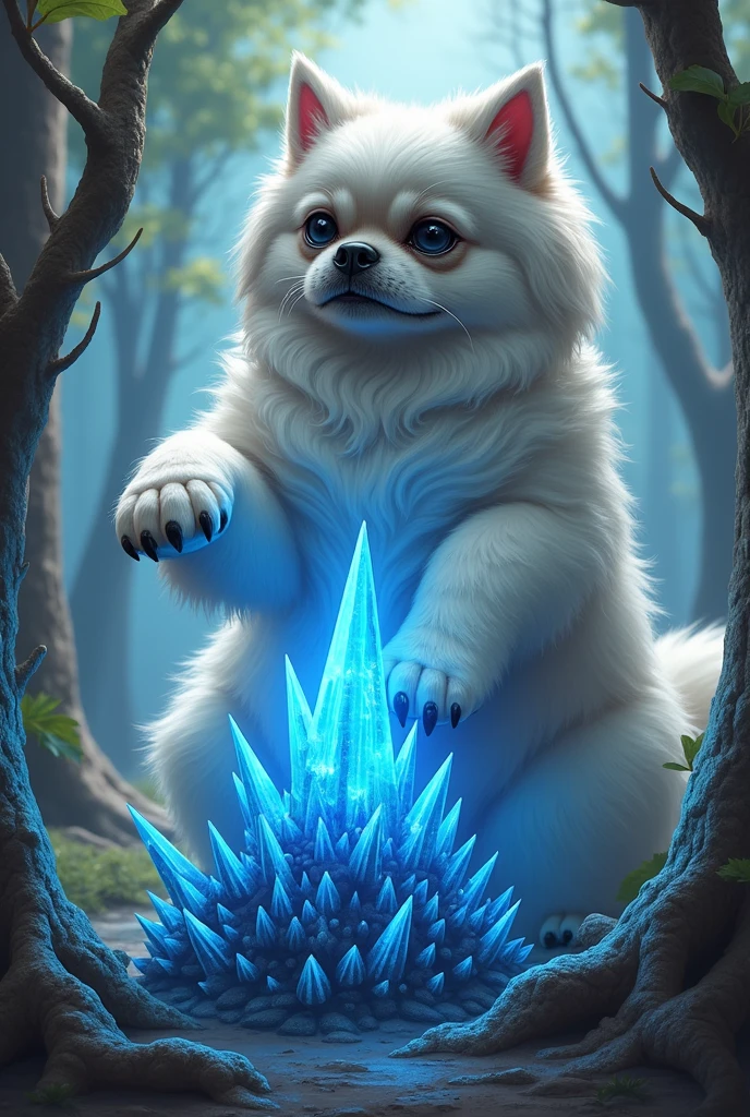A giant shitzu, with all white hair, black eyes, blue rays coming out of all over his paws, one of the paws on a blue crystal with many spikes. The setting is a medieval forest with cybernetic elements.