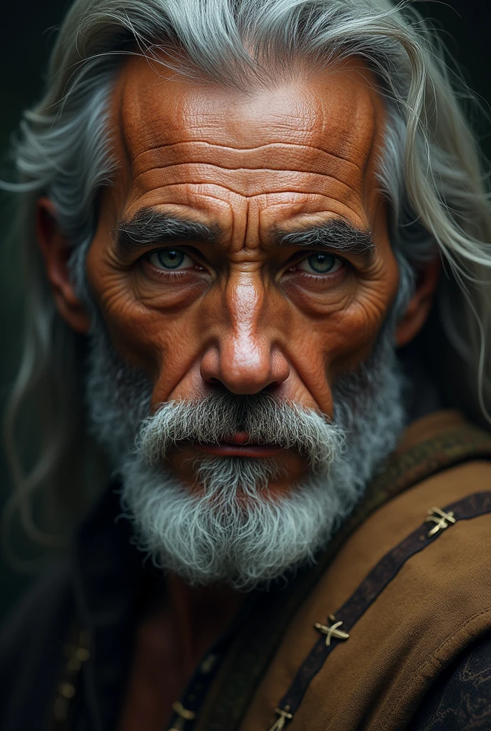 I am the oldest warrior, my face shows it in this portrait, my eyes show it  ,The style is very real, you can see every detail of his face, the light is an illumination of extreme nostalgia , 24k unique piece unique portrait of your face piece of art colors of nostalgia finished like in photoshop   , 