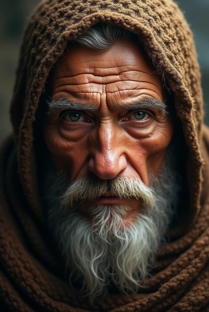 I am the oldest warrior, my face shows it in this portrait, my eyes show it ,The style is very real, you can see every detail of his face, the light is an illumination of extreme nostalgia , 24k unique piece unique portrait of your face piece of art colors of nostalgia finished like in photoshop ,