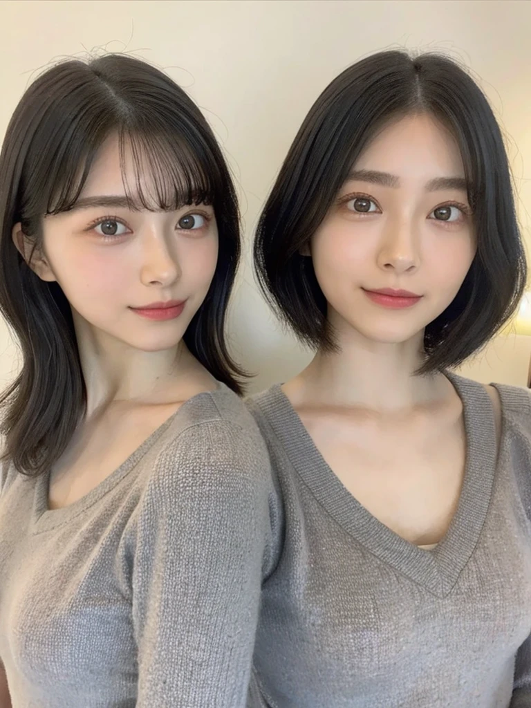 (masterpiece:1.3), (8k, Photoreal, Raw photo, best image quality: 1.4), Japanese high school girl、(random hairstyle:1.2)、cleavage:1.5、super detail face、eye for details、double eyelid、chest to chest、sharp focus:1.2、Beautiful woman:1.4、light brown hair、highest quality、masterpiece、超A high resolution、(Photoreal:1.4)、Highly detailed and professionally lit smiles、loose and light knitwear、shoulder out、thin、serious expression、short haired、deadly position
similar identical twins
All the girls have the exact same face, The two have the same face and figure, as if they were mirror images.