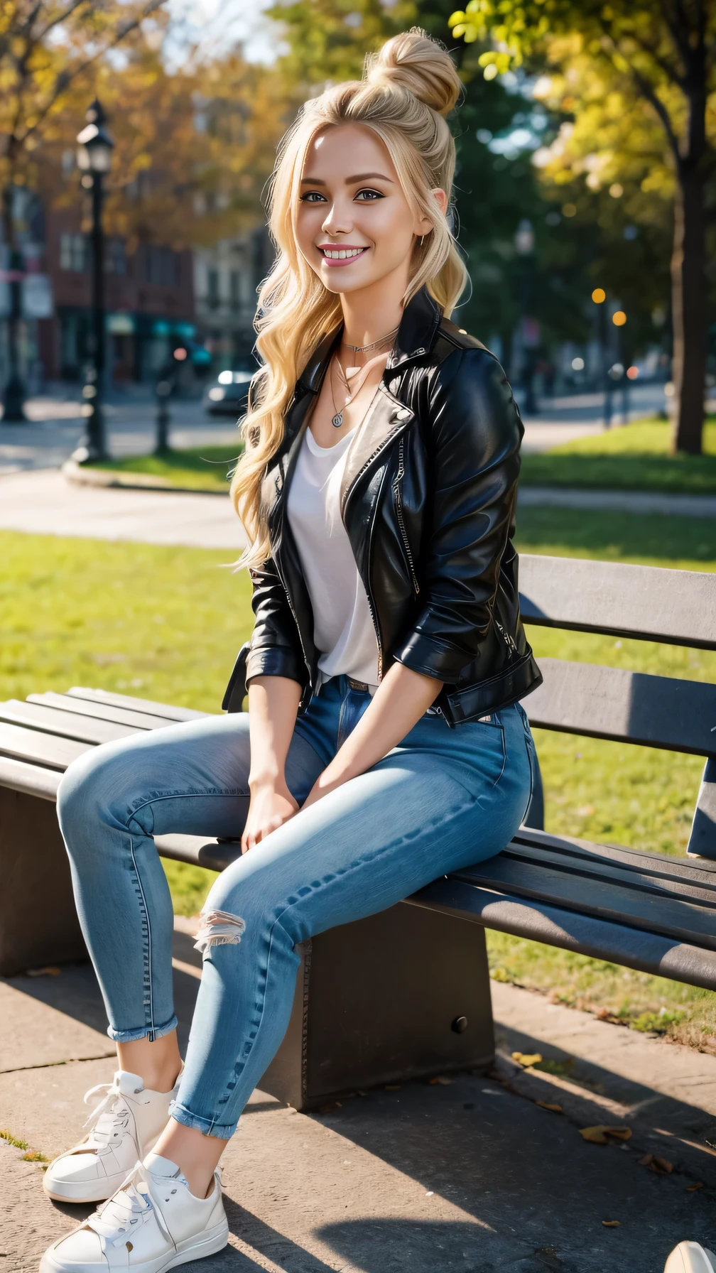 8k wallpaper, Beautiful Caucasian Woman、Full body photo、,sitting on a park bench、leather jacket、shirt、Skinny jeans、sneakers、Necklace around the neck、 blonde 、Hairstyle bun、Wavy Hair、blue eyes、ear piercing、smile、Beautiful teeth alignment