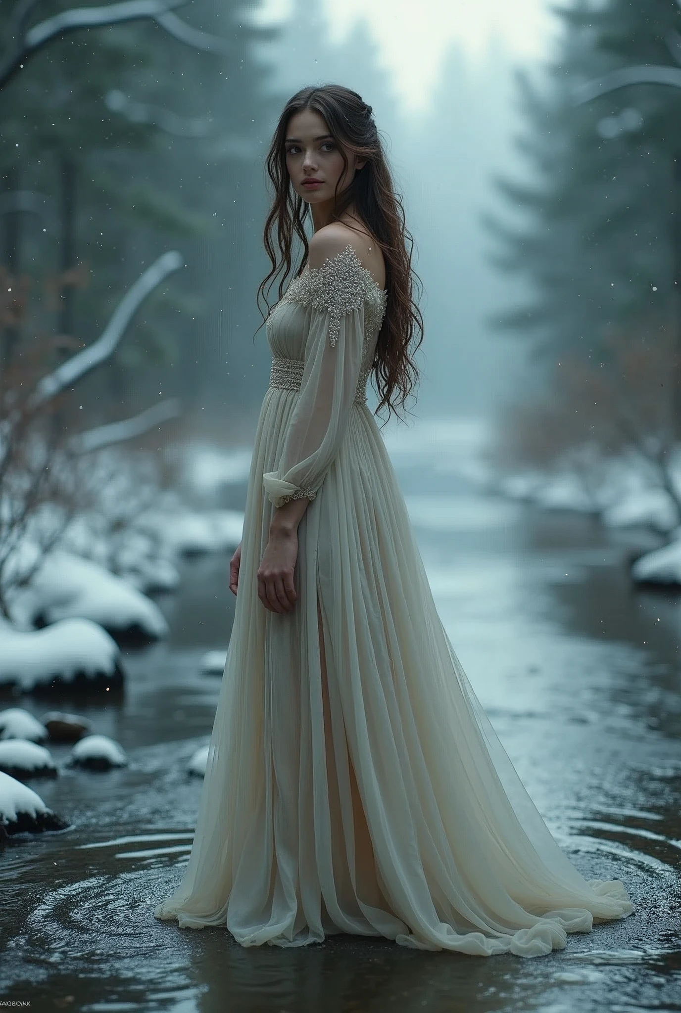 Arafed woman in a long dress standing in a stream in the snow - SeaArt AI