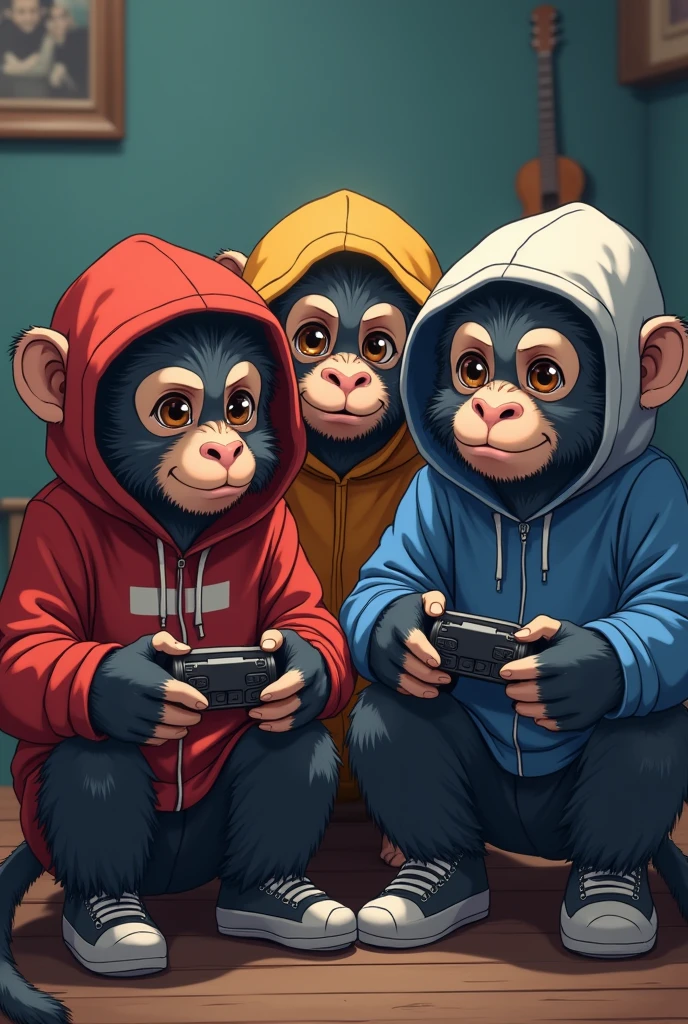Generate an image of primates gathered together that look dressed in teenage human cosplay clothes but that are playing video games please but make it more anime style