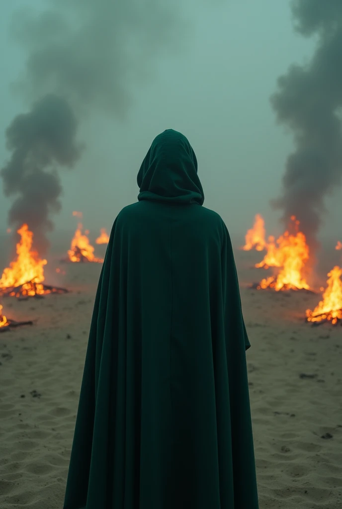 A figure clad in a dark green hooded cloak stands with their back to the viewer, gazing towards a hazy, smoke-filled atmosphere. Flickering flames from several campfires illuminate the sandy ground, casting an eerie glow. The scene is set in a mysterious, desolate landscape, with soft shadows and swirling smoke adding to the ambiance.