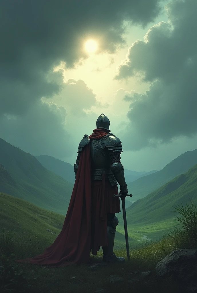 A knight stan in valley after victory, he is injured,lost his one hand,and he hold a sword , darkness in sky , the sun hide in cloud ,back side view of knight 