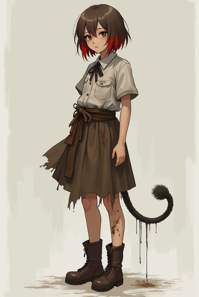 a girl with short brown hair with red tips and half-torn clothes with a brown skirt, boots and a servant&#39;s tail