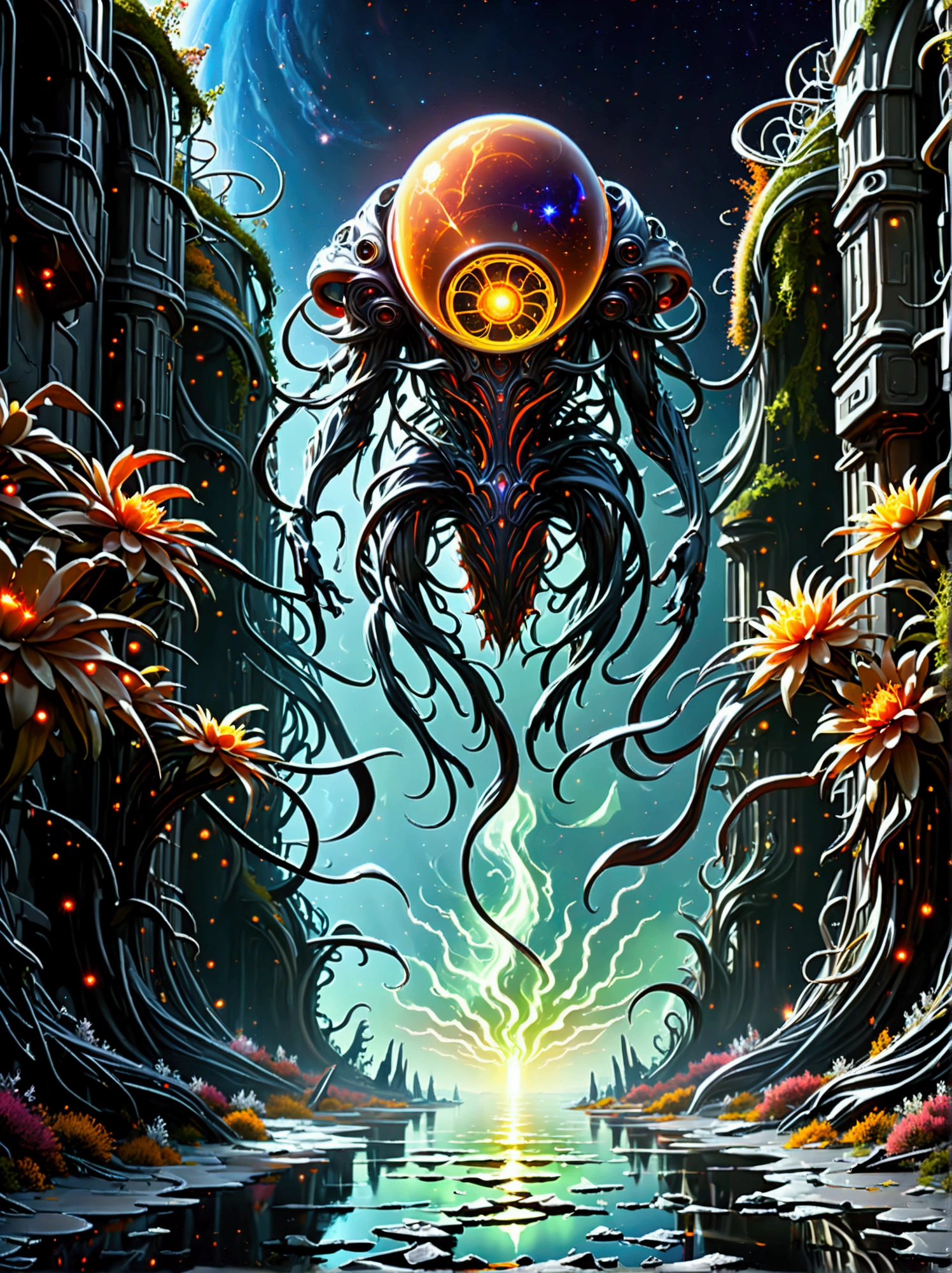 Dark tones,heavy style,Surging and surging,nature,Cold and scary,(space station dwelling in mediterranean biome:1.5),A masterpiece of ultra-fine detail,Dynamic,Amazing quality,Floating extra large ethereal light alien creature,(传奇能量外星全身Fluorescence战士:1.5),Future alien light warrior,Luminous mechanical structure,Cyborg Photobiology,Liquid Metal,Copperplate engraving,Sci-fi transparent ethereal glowing alien creature,Light Metal Texture,复古Cyberpunk,Surrealism,Arthur Effect,Transparent body,Gradient translucent glass melts,Caustics,Clear glass texture,Rainbow colors,Designed by Dietrams,concise,Detailed sparkle,black background,industrial design,Overclocking Renderer,Clean shadows,8k,Cyberpunk,Holographic projection,Fault Art,Alien Biological Aesthetics,Neon lights,laser light,Fluorescence,Glow Effect,Liquid Metal,Copperplate engraving,Unreal Engine,A masterpiece of ultra-fine detail, Dynamic and realistic digital art, excellent quality, Slim Fit Clothing, Sonic Nanofiber, Bat sleeves, Landing length, nature腰围, Sequin decoration, Cargo belt, Bio-organic alien, Weird light