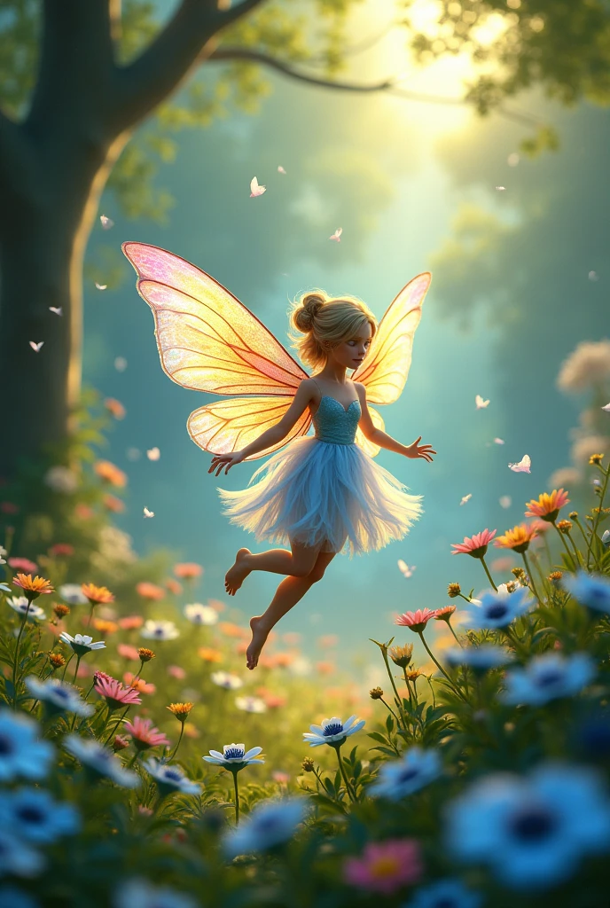 A shining fairy, with colorful wings, flying in a flowery field of blue flowers.