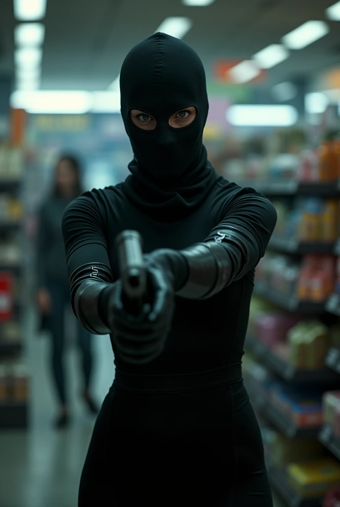 scarlett johansson elle porte une tenu moulante et elle porte une cagoules avec dès trou aux niveaux de ses yeux et elle porte des gants en cuir et Lons avec un pistolets pour faire un braquege dans un magasin pour vider la caisse elle point son pistolets sur la famme de la caisses pour la vider