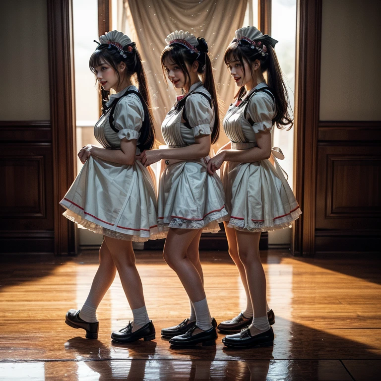 (Extremely Detailed((Kawaii Maid Group in a row:1.37))), Childish perfect face, Reflective Eyes, Detailed(Delicate Clothing textures), Dynamic Joyful Expressions LifeLike Rendering, (Specular Reflection:1.2), TopQuality 8K Ultra-detailed masterpiece (ProfessionalPhoto:1.37), (Acutance:0.8), (Luminism:1.28), (Renaissance art style), (Light particles:0.75), (Muscle:-0.5), ((Full body from side)), SkirtLift, ((Show white panties)), glossy floor