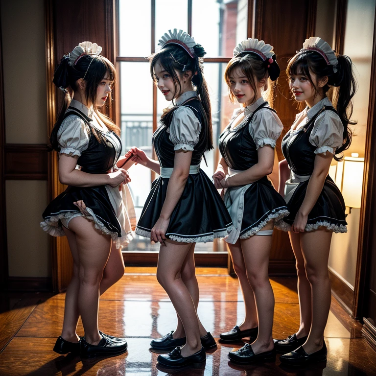 (Extremely Detailed((Kawaii Maid Group in a row:1.37))), Childish perfect face, Reflective Eyes, Detailed(Delicate Clothing textures), Dynamic Joyful Expressions LifeLike Rendering, (Specular Reflection:1.2), TopQuality 8K Ultra-detailed masterpiece (ProfessionalPhoto:1.37), (Acutance:0.8), (Luminism:1.28), (Renaissance art style), (Light particles:0.75), (Muscle:-0.5), ((Full body from side)), SkirtLift, ((Show white panties)), glossy floor