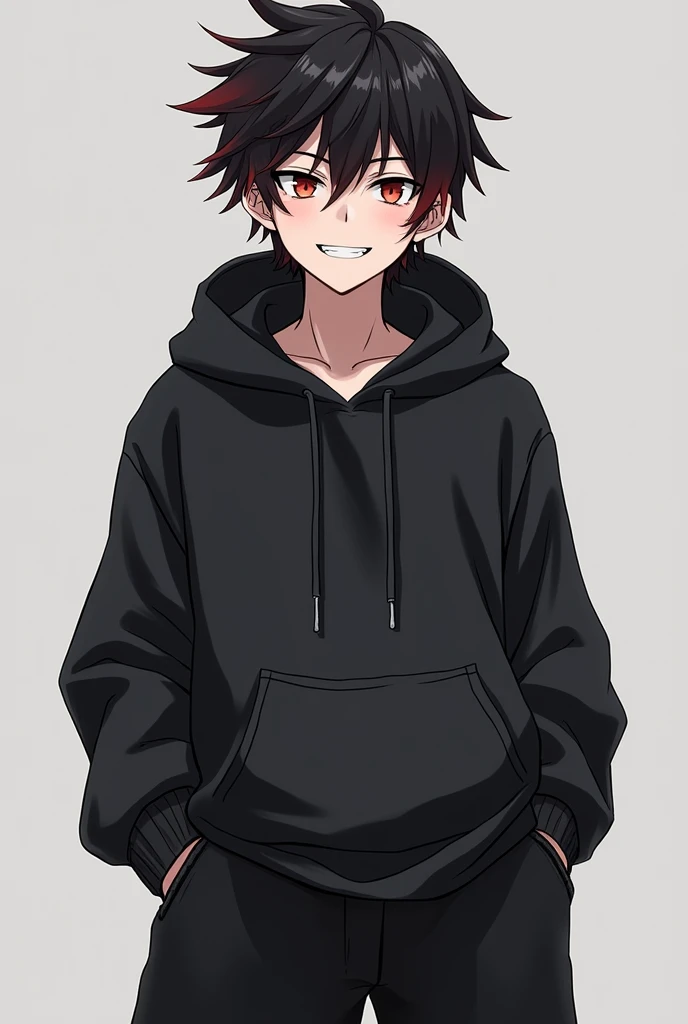 With my favorite picture、I drew a boy who is always smiling but has a dark side, wearing a black hoodie and loose pants like a skirt.!a、I'm fine with my hair being black, but I'd like some reddish-black mesh in a few places.?うーん…見た目をもう少し青年Like感じてoh願い。She's kind of cute, but when she gets angry she looks like a man。Like!a、髪形は結月ゆかりLike感じで!oh!nice!だけど髪型結月ゆかりLike感じにしてみて!Yeah!Highest!Also, please make a mean face like this.?A bad-looking smile!oh願い!