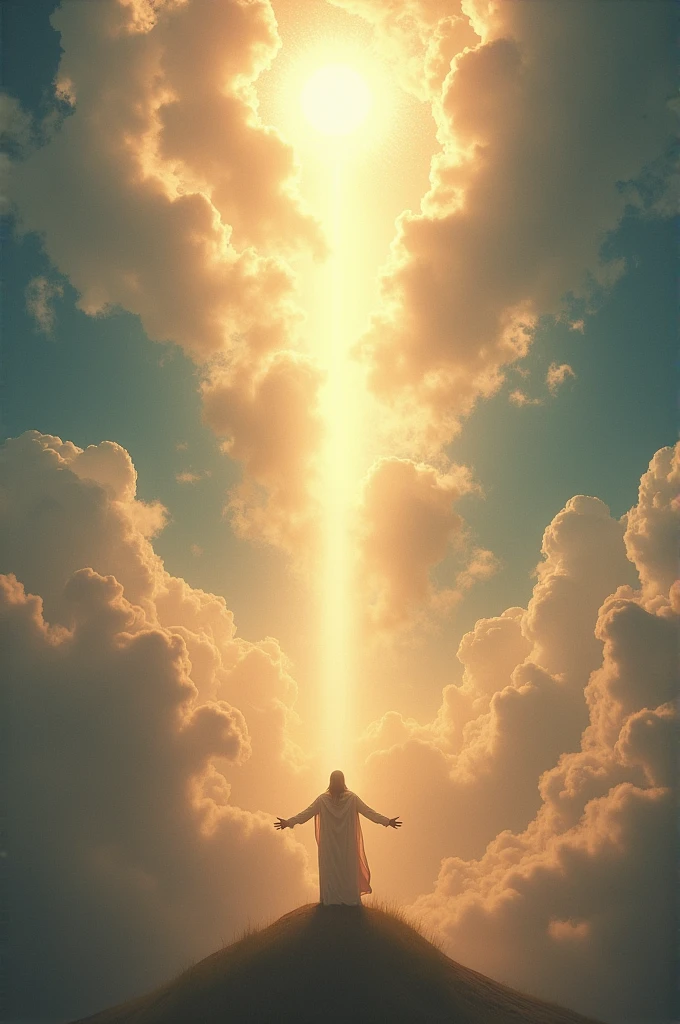 GOD, flying upright with your face shining in an endless sky