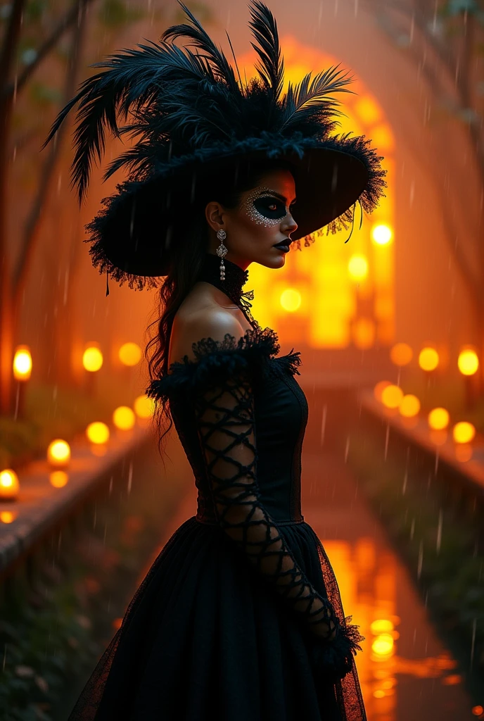 Hiperrealistic cinematic poster of a woman wearing a black gothic vintage dress and a vintage hat adorned with ostrich feathers, standing in front of a Day of the Dead ofrenda. The scene is illuminated with orange-tinted lighting, creating a warm and mystical atmosphere. The woman has traditional Catrina makeup, blending elegance with cultural heritage. Behind her, there is a natural water canal surrounded by natural trees, with a bokeh effect in the background. Soft raindrops fall, gently illuminated by the candlelight in the background. The poster has a standard cinematic size of 24x36 inches. Ultra-detailed, 4K resolution." 4k, hyperrealistic, cinematic lighting, vintage fashion, Day of the Dead, Catrina makeup, orange lighting, bokeh
