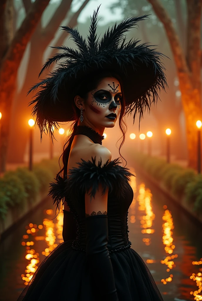 Hiperrealistic cinematic poster of a woman wearing a black gothic vintage dress and a vintage hat adorned with ostrich feathers, standing in front of a Day of the Dead ofrenda. The scene is illuminated with orange-tinted lighting, creating a warm and mystical atmosphere. The woman has traditional Catrina makeup, blending elegance with cultural heritage. Behind her, there is a natural water canal surrounded by natural trees, with a bokeh effect in the background. Soft raindrops fall, gently illuminated by the candlelight in the background. The poster has a standard cinematic size of 24x36 inches. Ultra-detailed, 4K resolution." 4k, hyperrealistic, cinematic lighting, vintage fashion, Day of the Dead, Catrina makeup, orange lighting, bokeh