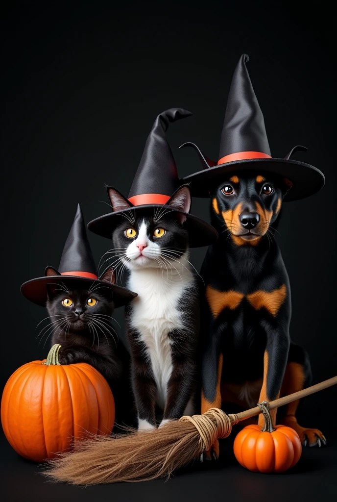 Realistic image of an adult black and white cat wearing a witch's hat, a black kitten with a witch's hat and a black Beauceron dog with a witch's hat, all with short fur, black backdrop, witch's broom and halloween pumpkins