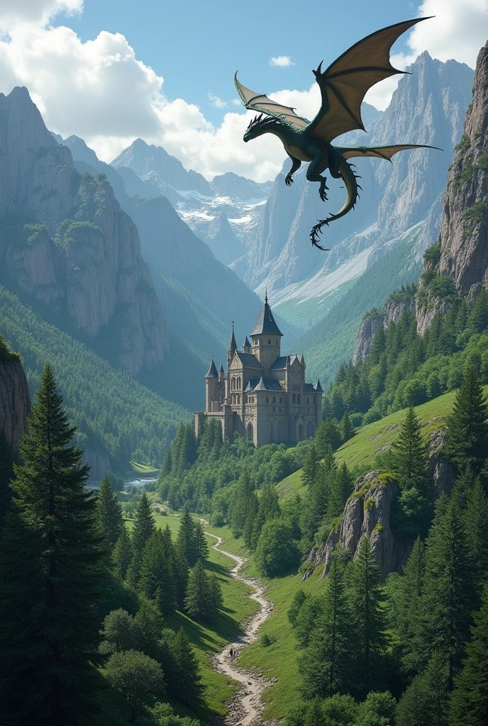 Beautiful Middle-earth with dragons soaring over lush forests, towering mountains, and ancient castles