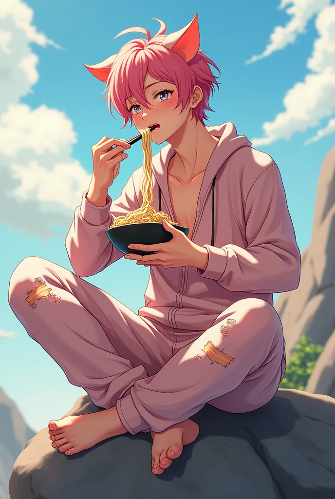 Beautiful boy with pink hair, succulent and sexy and very sensual curves, rather sloppy pig cosplay with torn suit, face and facial features delicate and a little rustic and clearly blushing, very detailed, 8K, riding on a rock eating soba, a yaoi work anime teacher