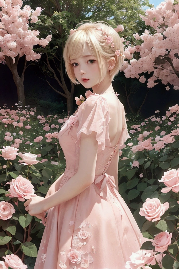 8k, photo and gross, fujifilm, Style photography of a beautiful young girl like Avril in a light pink rose garden. (very detailed skin: 1.2) Style-Petal BREAK short hair, blonde hair with colored highlights, wearing a dress, film grain, 35mm, beautiful style