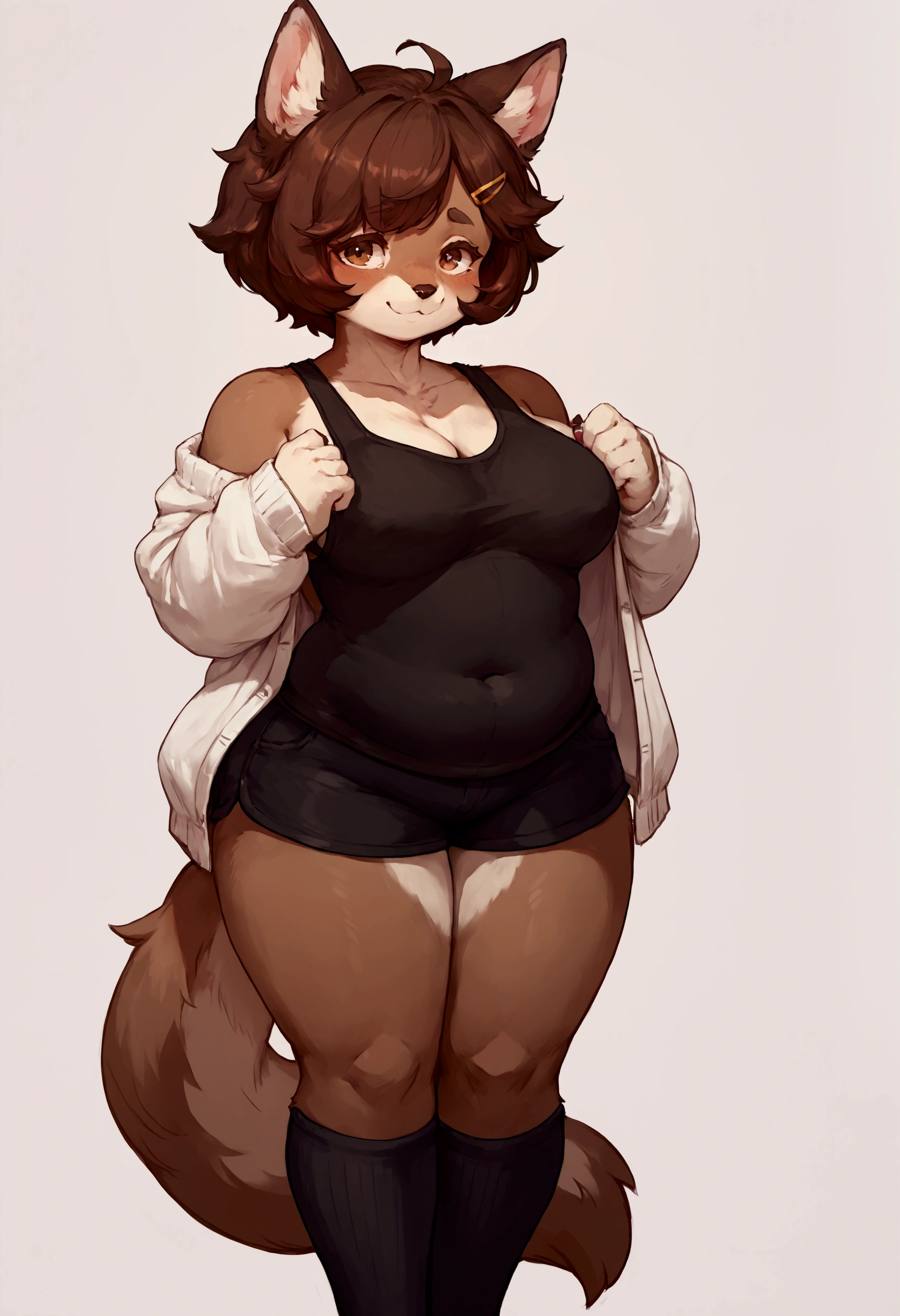Solo, score_9, score_8, score_7, source_anime, an Anthro furry wolf girl, tall and chubby, short brown hair, hair clips, brown eyes, feet paws, 4 toes, shy, shy smile, wearing black tank top, white cardigan, black short shorts, black thigh high socks, exposed toes, in a bedroom, simple background, standing,